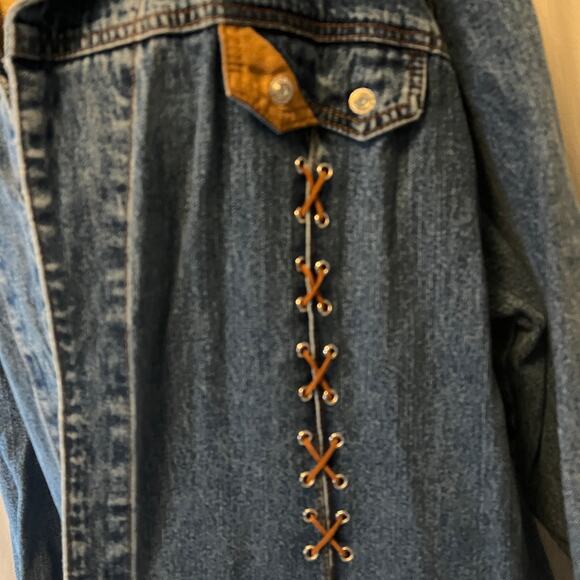 Ethyl blue jean denim long duster jacket leather stitchy Y2K Western boho 3X - Picture 3 of 11